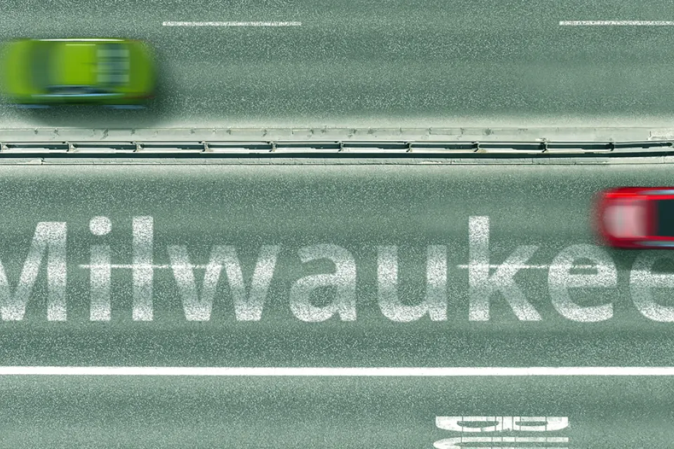 A blurred image shows two cars driving on a road labeled with the word Milwaukee.